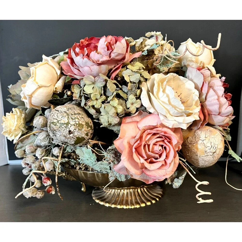 Vtg Large Ornate Grapevine Gooseneck Handle Brass Centerpiece Bowl Faux Flowers